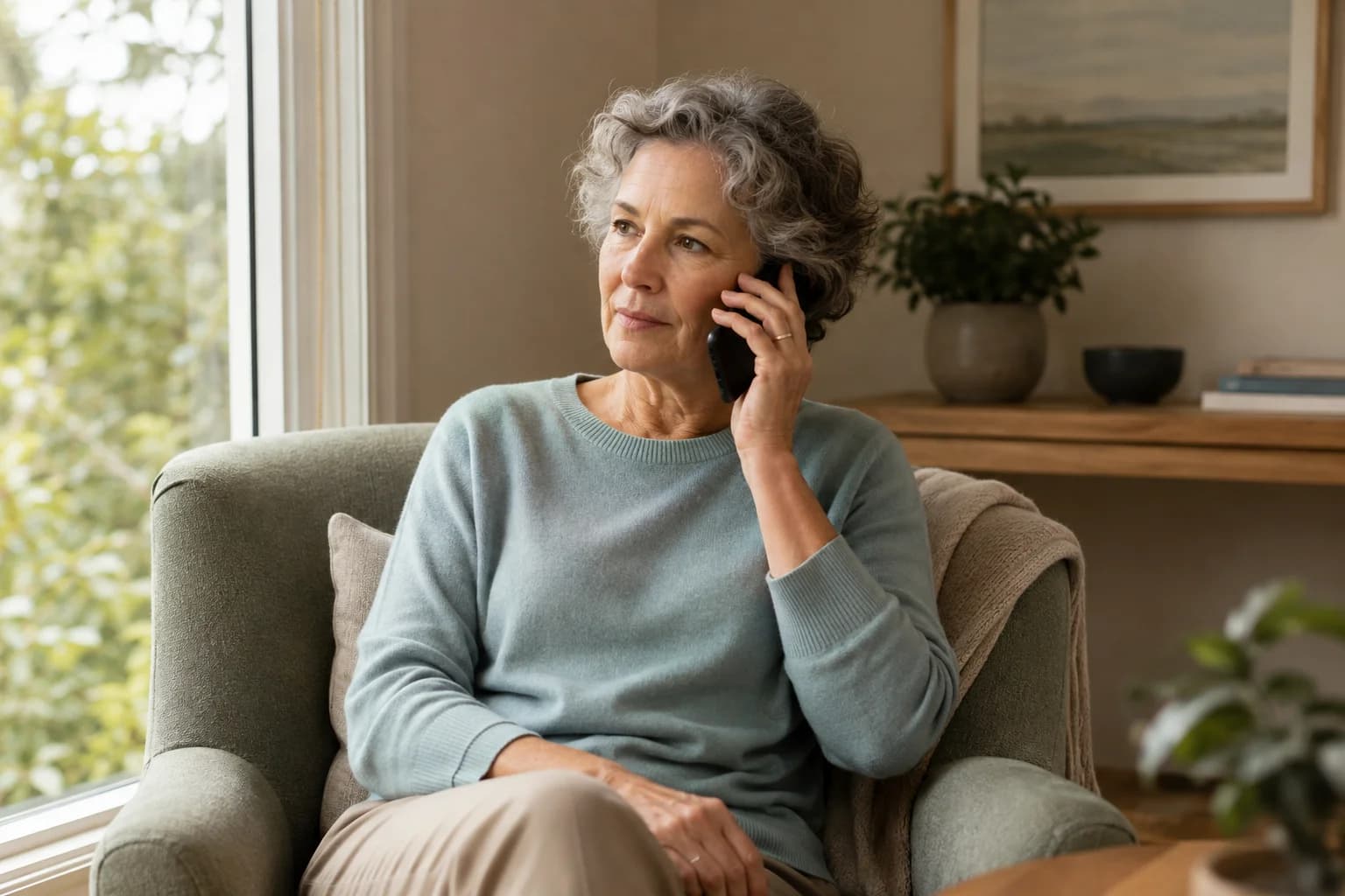 AI-generated illustration of a woman making an appointment call from home