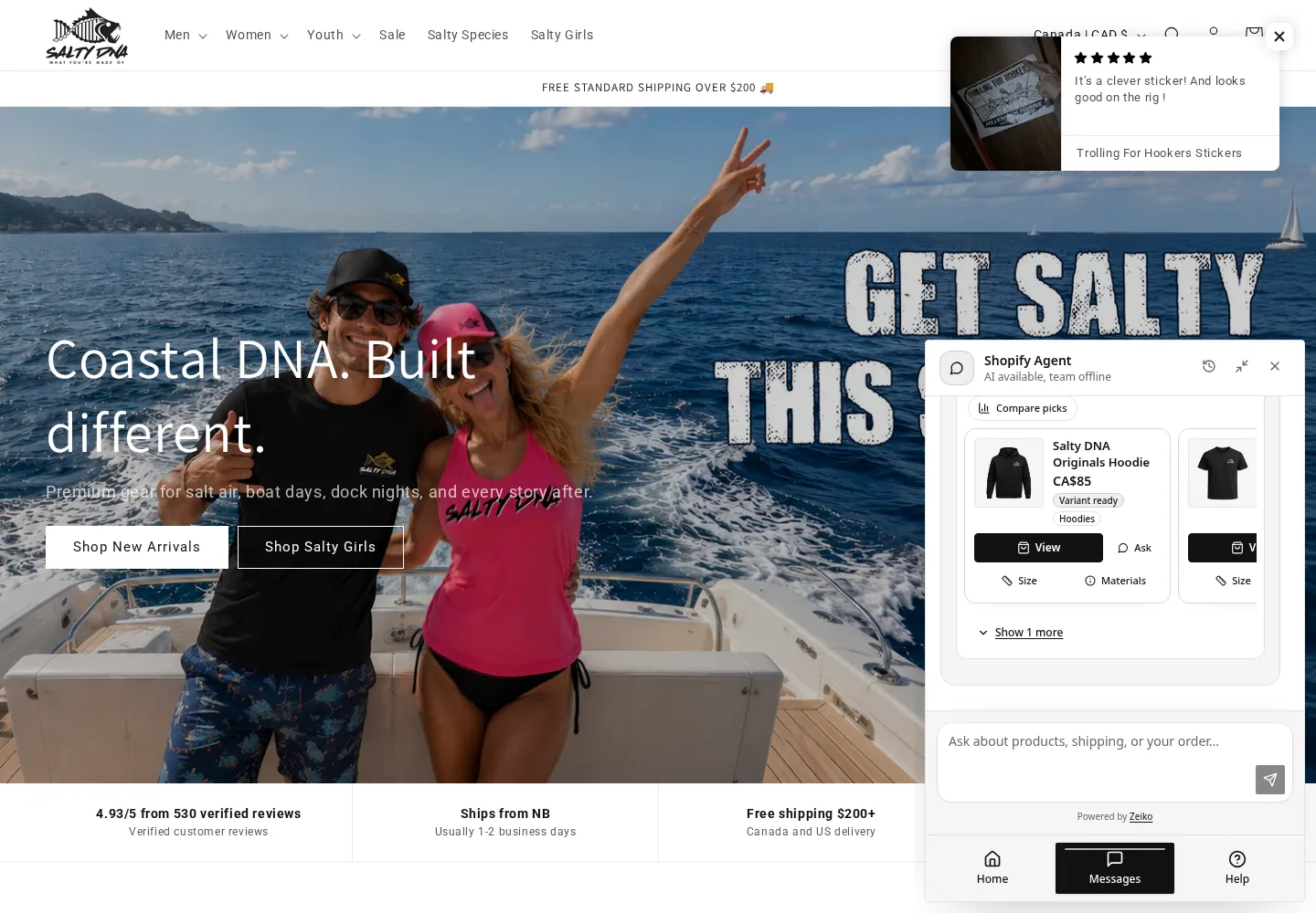 Zeiko Shopify agent showing SaltyDNA products inside the live storefront